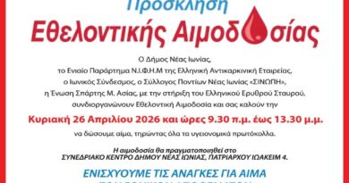 Δήμος Νέας Ιωνίας: Εθελοντική Αιμοδοσία την Κυριακή 26 Απριλίου